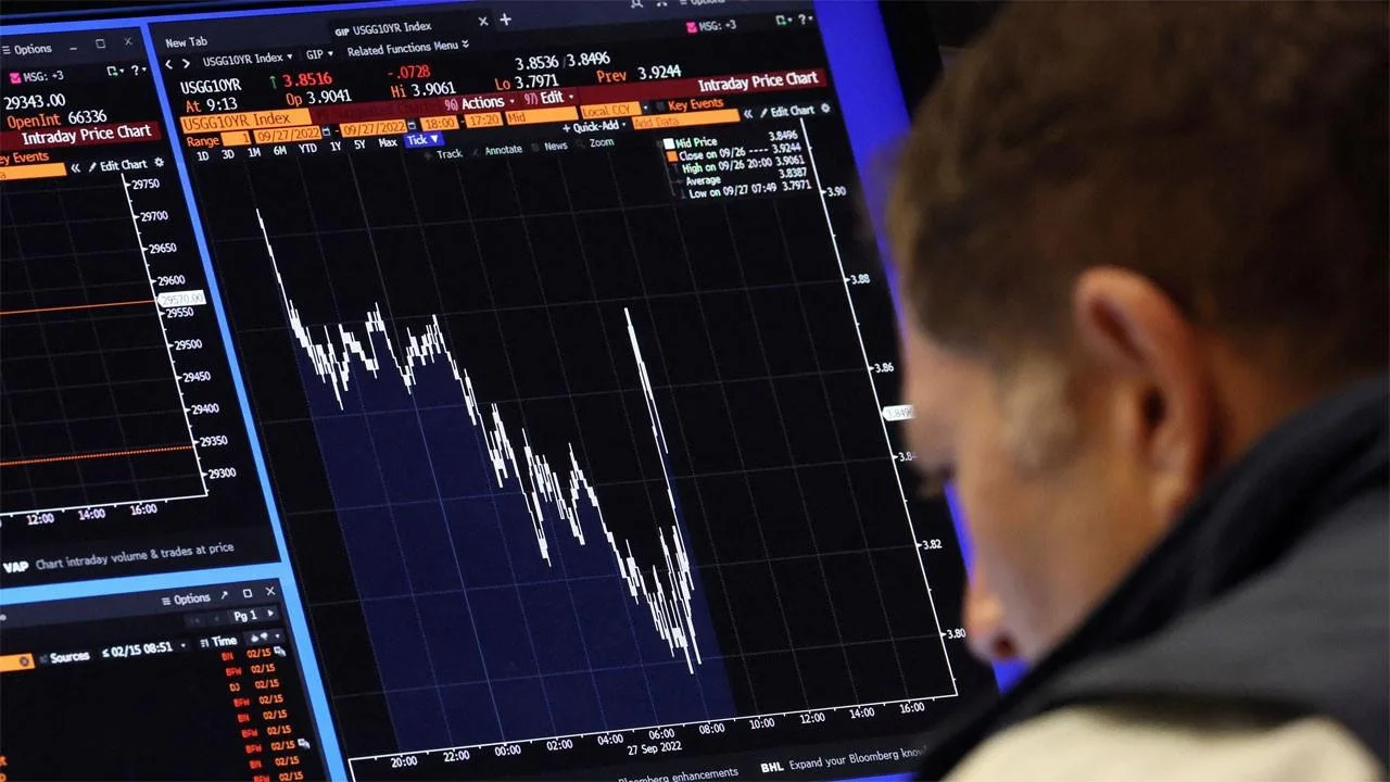 A trader looks at a chart of the US ten-year Treasury yield on a Bloomberg terminal