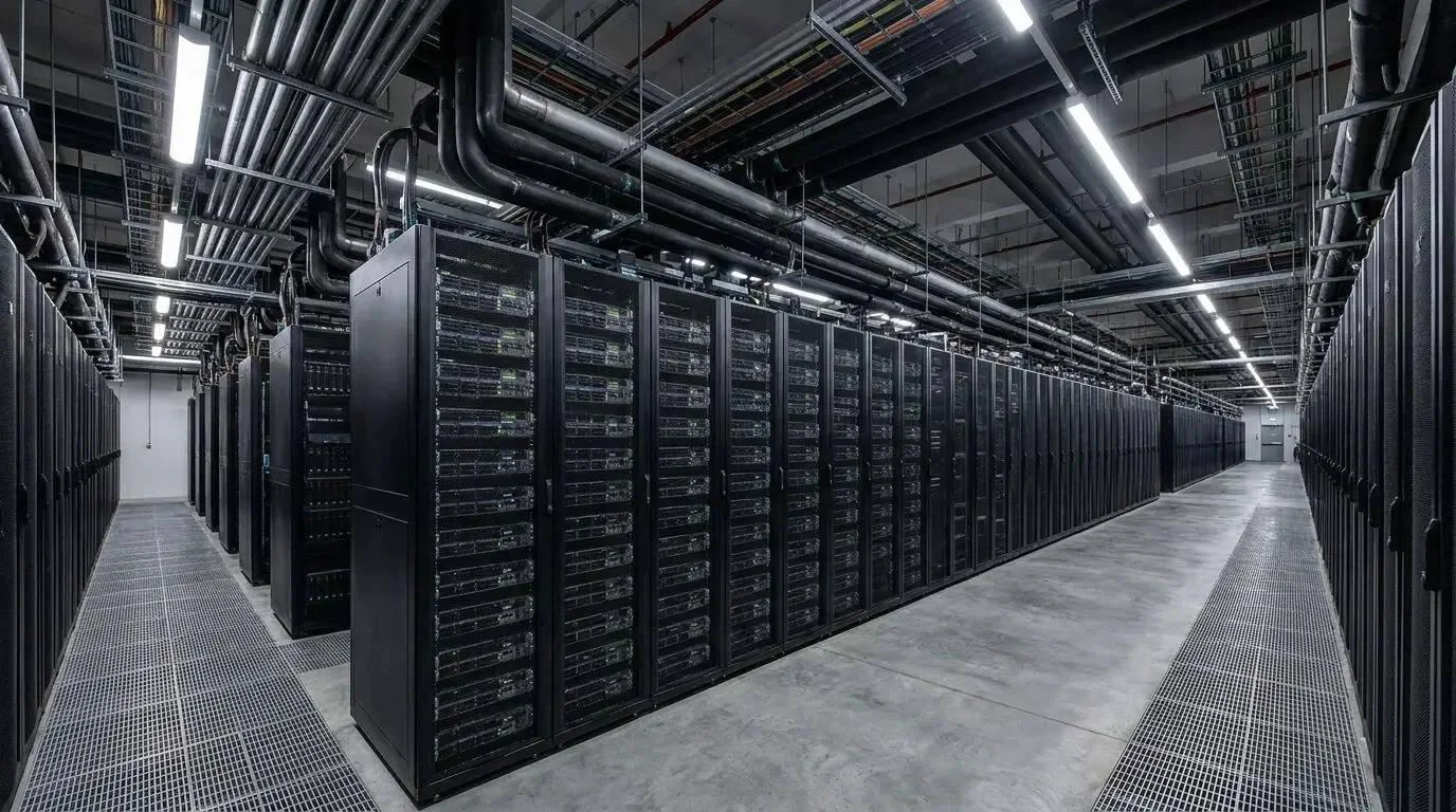 Rows of server racks in a data centre hall