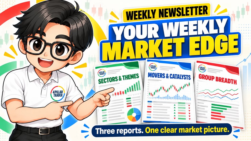 Your weekly market edge: three reports, one clear market picture. The sectors and themes brief, the movers and catalysts brief and the group breadth weekly from The 4 Pillar Trader